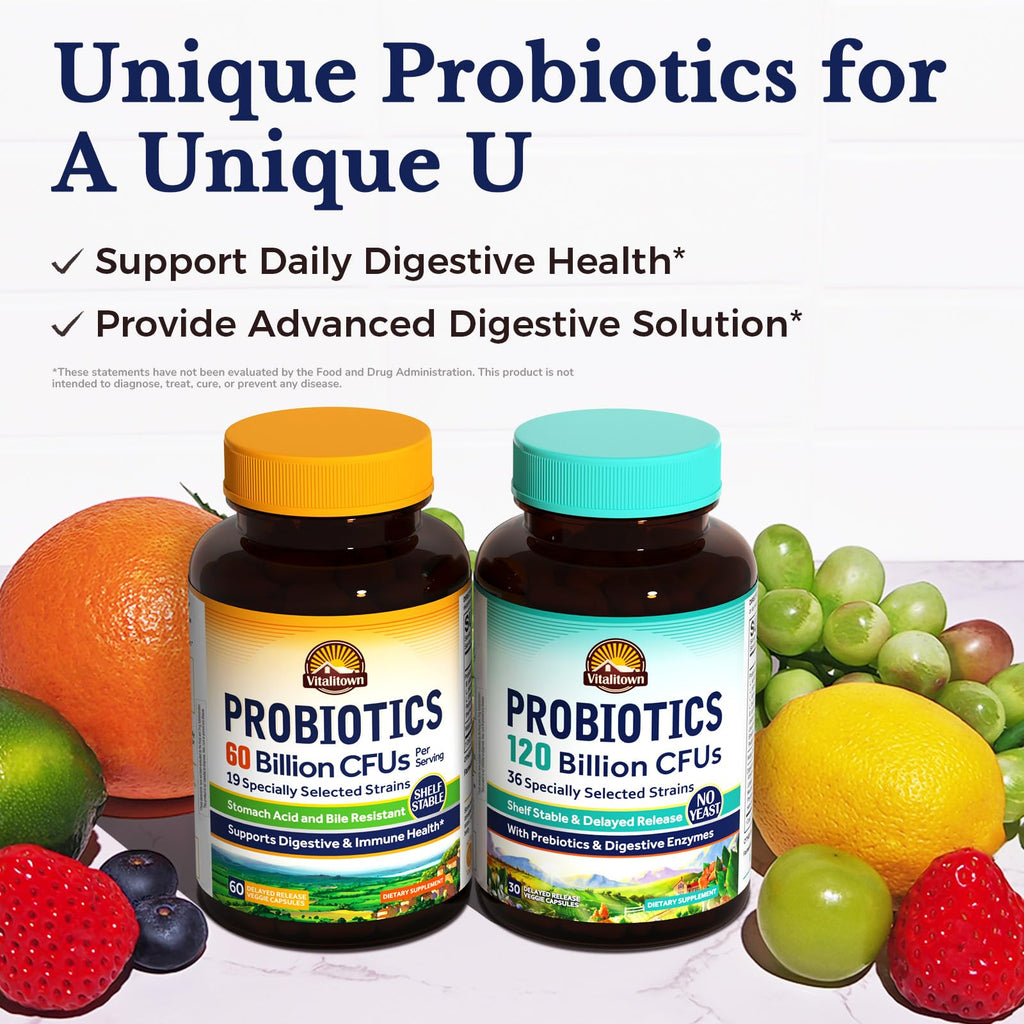 Vitalitown Probiotics + Prebiotics | 60 Billion CFUs 19 Strains | 60 Delayed Release Veg Caps | Shelf Stable, Prebiotics and Probiotics | Digestive Health - FENGGESTORE20