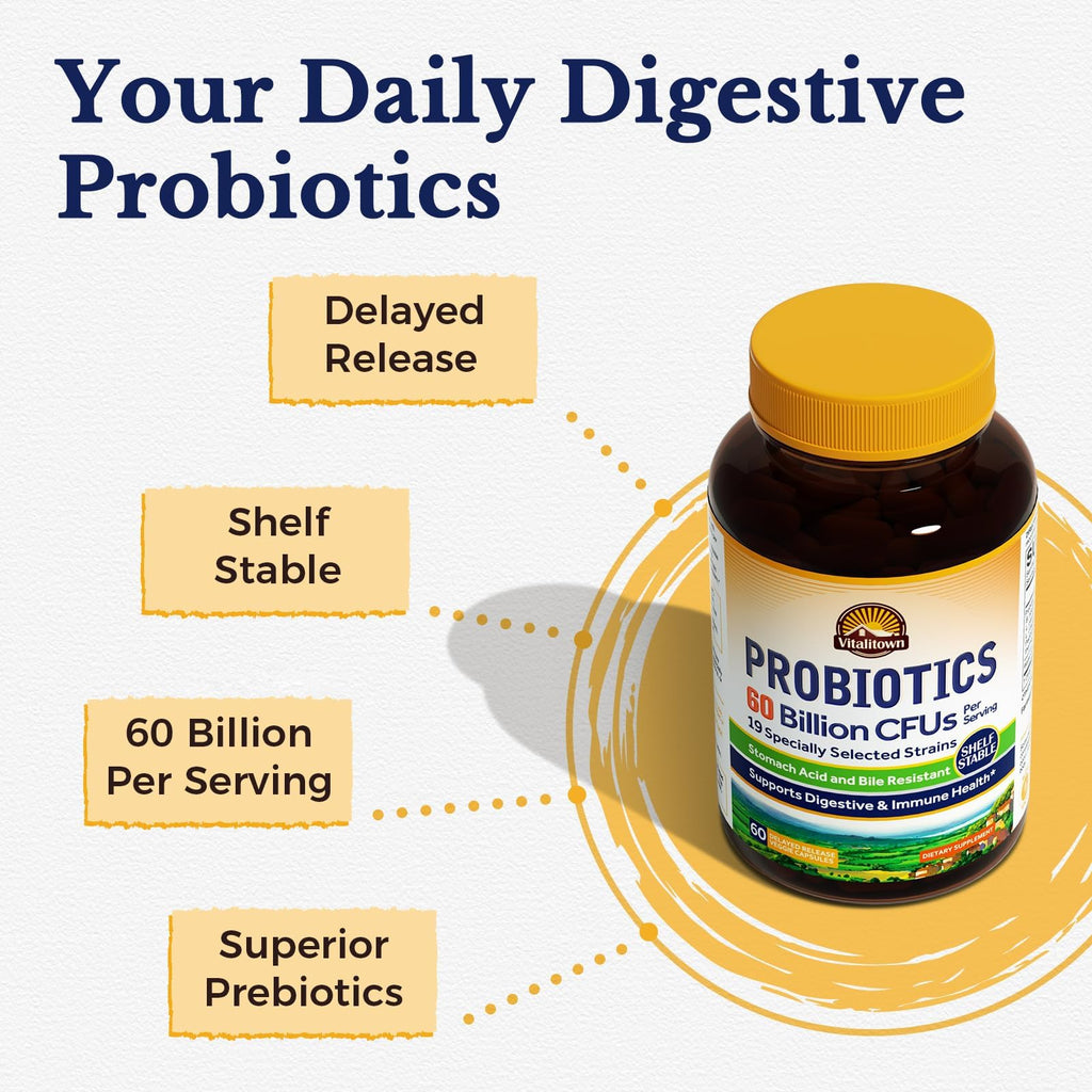 Vitalitown Probiotics + Prebiotics | 60 Billion CFUs 19 Strains | 60 Delayed Release Veg Caps | Shelf Stable, Prebiotics and Probiotics | Digestive Health - FENGGESTORE20