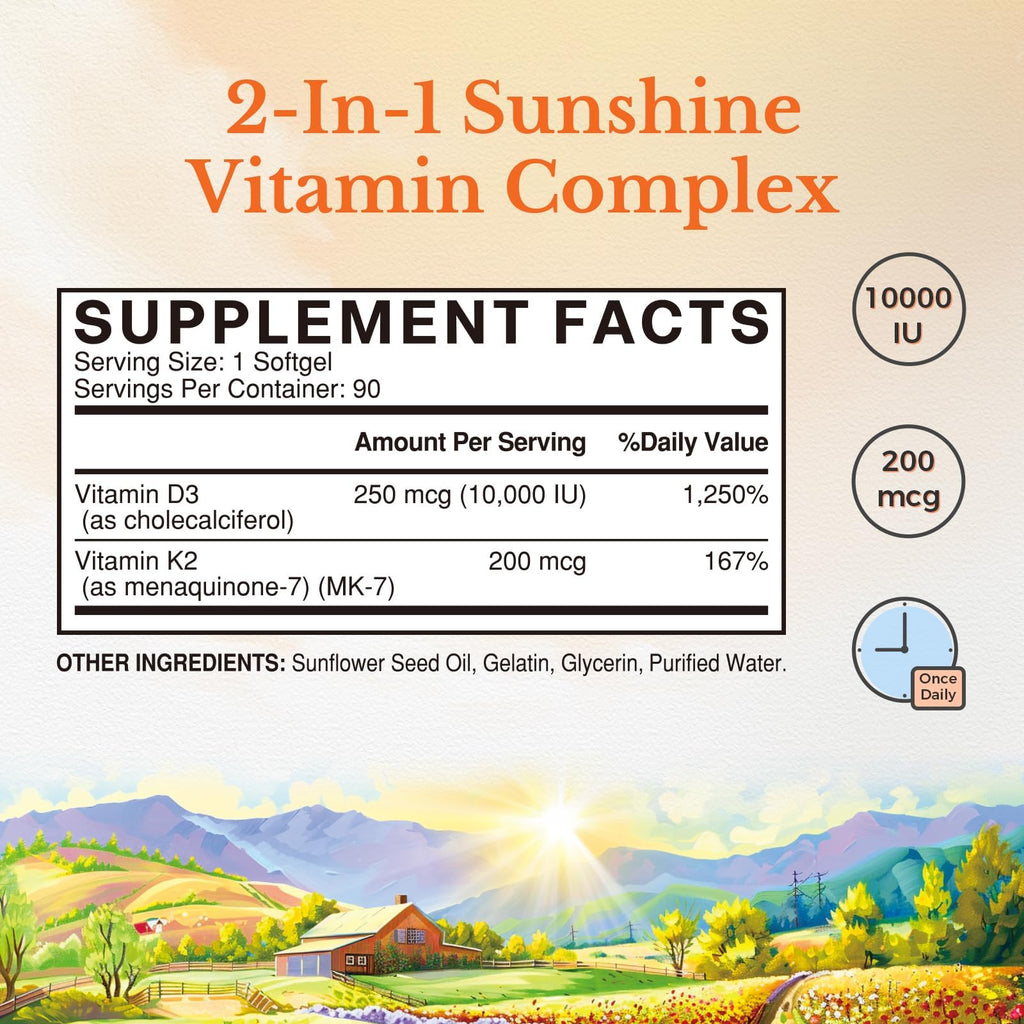 Vitalitown Vitamin D3 K2 Supplement, Vitamin D3 10000 IU Vitamin K2 (MK7) 200 mcg, 90 Softgels, Non-GMO, No Gluten & Soy - FENGGESTORE20