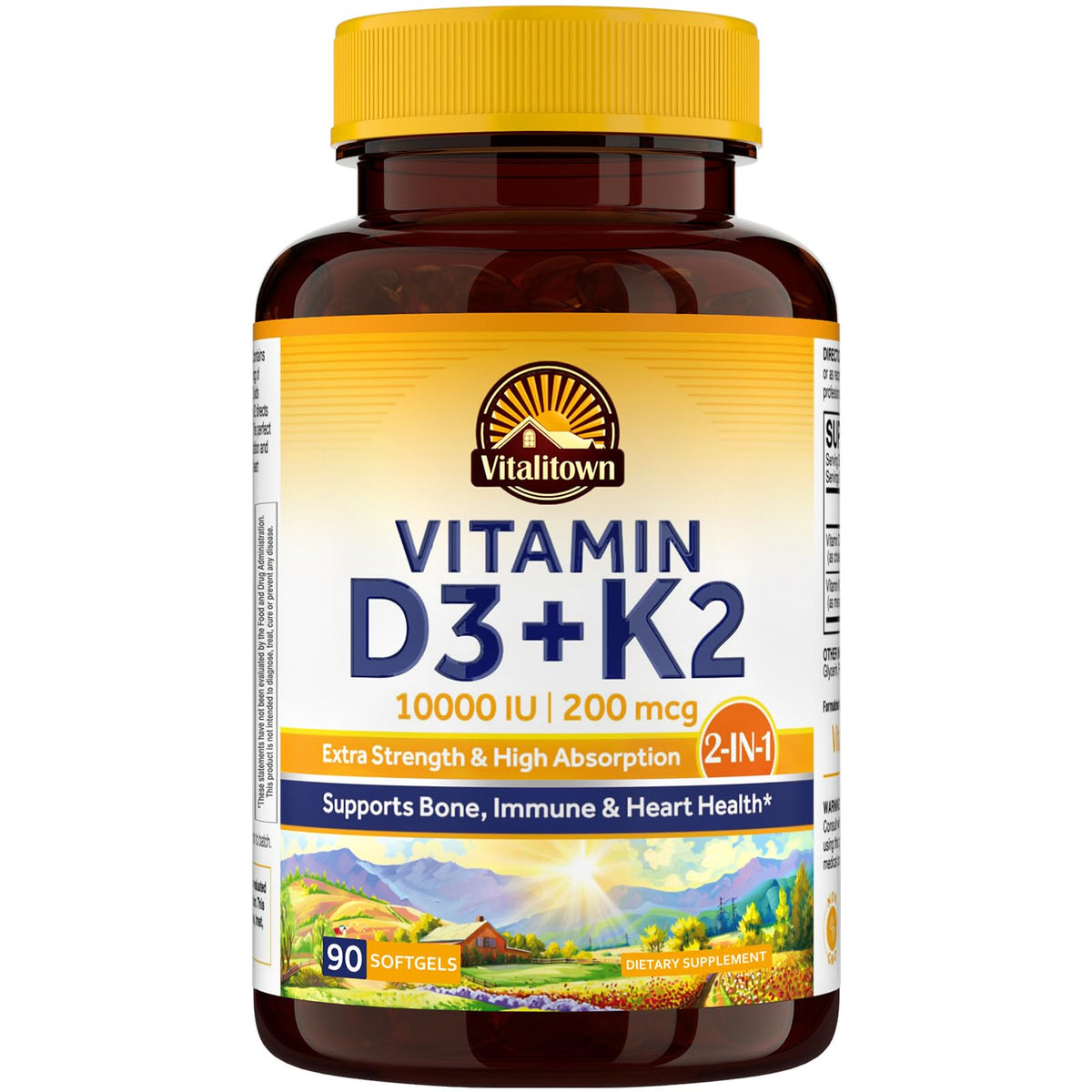 Vitalitown Vitamin D3 K2 Supplement, Vitamin D3 10000 IU Vitamin K2 (MK7) 200 mcg, 90 Softgels, Non-GMO, No Gluten & Soy - FENGGESTORE20