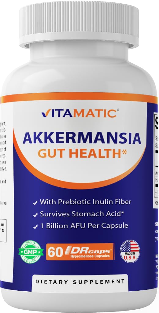 Vitamatic Akkermansia Muciniphila Gut Health - 60 DR Capsules (Delayed Released) - Made with Prebiotic Inulin Fiber - FENGGESTORE20