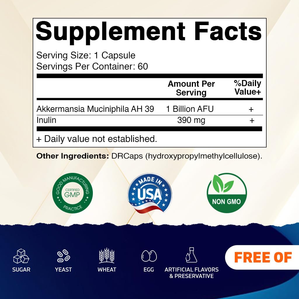 Vitamatic Akkermansia Muciniphila Gut Health - 60 DR Capsules (Delayed Released) - Made with Prebiotic Inulin Fiber - FENGGESTORE20