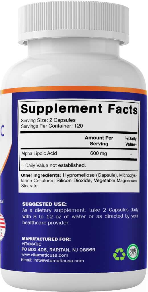 Vitamatic Alpha Lipoic Acid (ALA) 600mg Per Serving - 240 Vegetable Capsules - 120 Servings - Non-GMO & Gluten Free - FENGGESTORE20