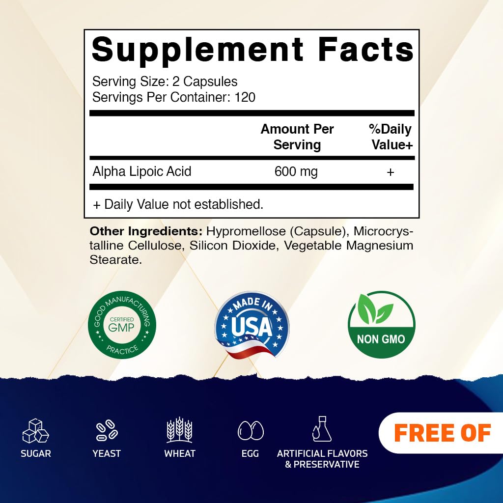 Vitamatic Alpha Lipoic Acid (ALA) 600mg Per Serving - 240 Vegetable Capsules - 120 Servings - Non-GMO & Gluten Free - FENGGESTORE20