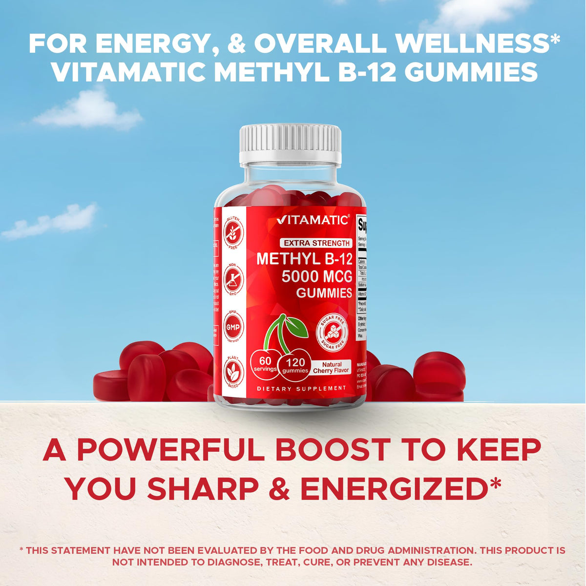 Vitamatic Extra Strength Vitamin B12 5000 mcg (Methyl B12) Gummies - 120 Count - Energy Metabolism Support and Nervous - FENGGESTORE20