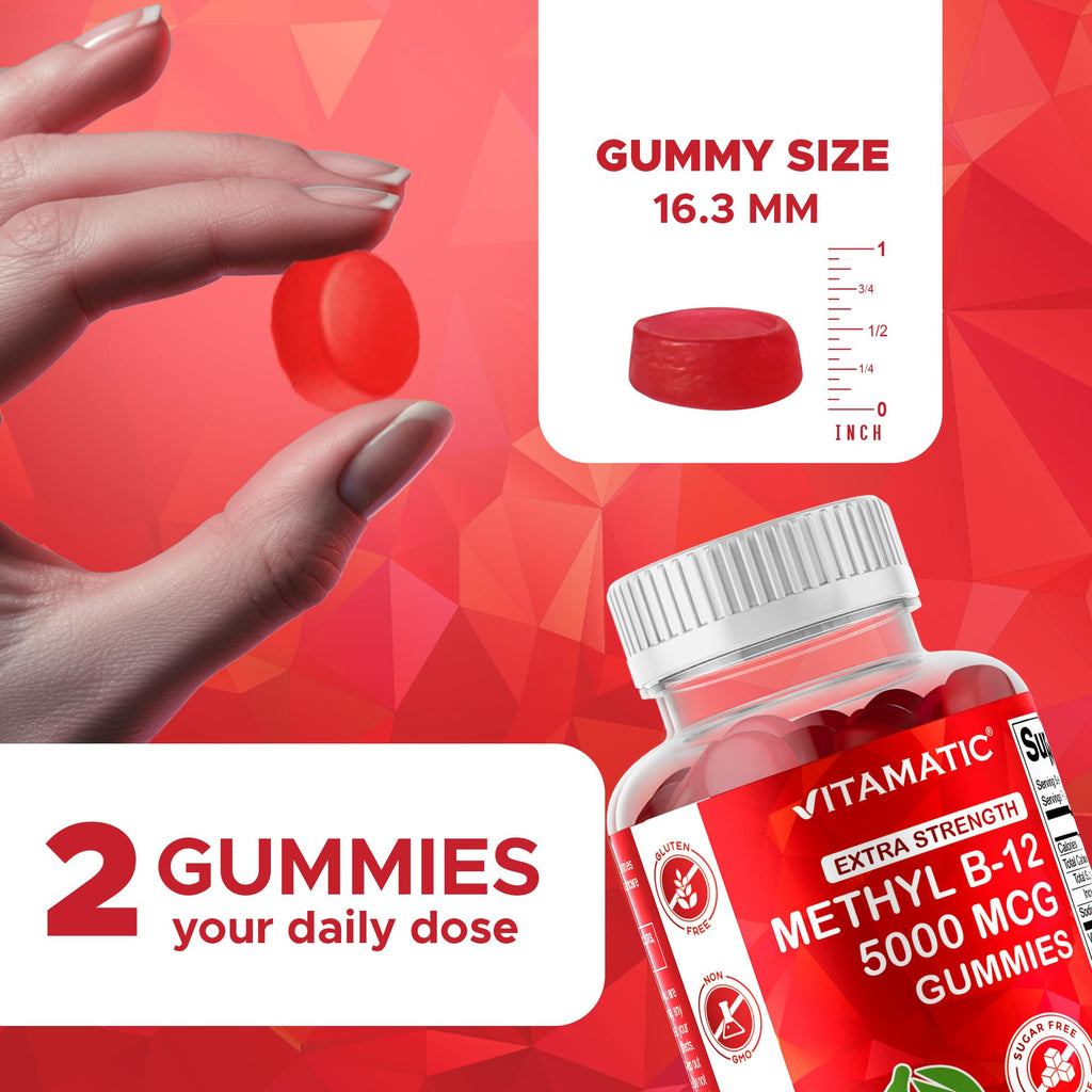 Vitamatic Extra Strength Vitamin B12 5000 mcg (Methyl B12) Gummies - 120 Count - Energy Metabolism Support and Nervous - FENGGESTORE20