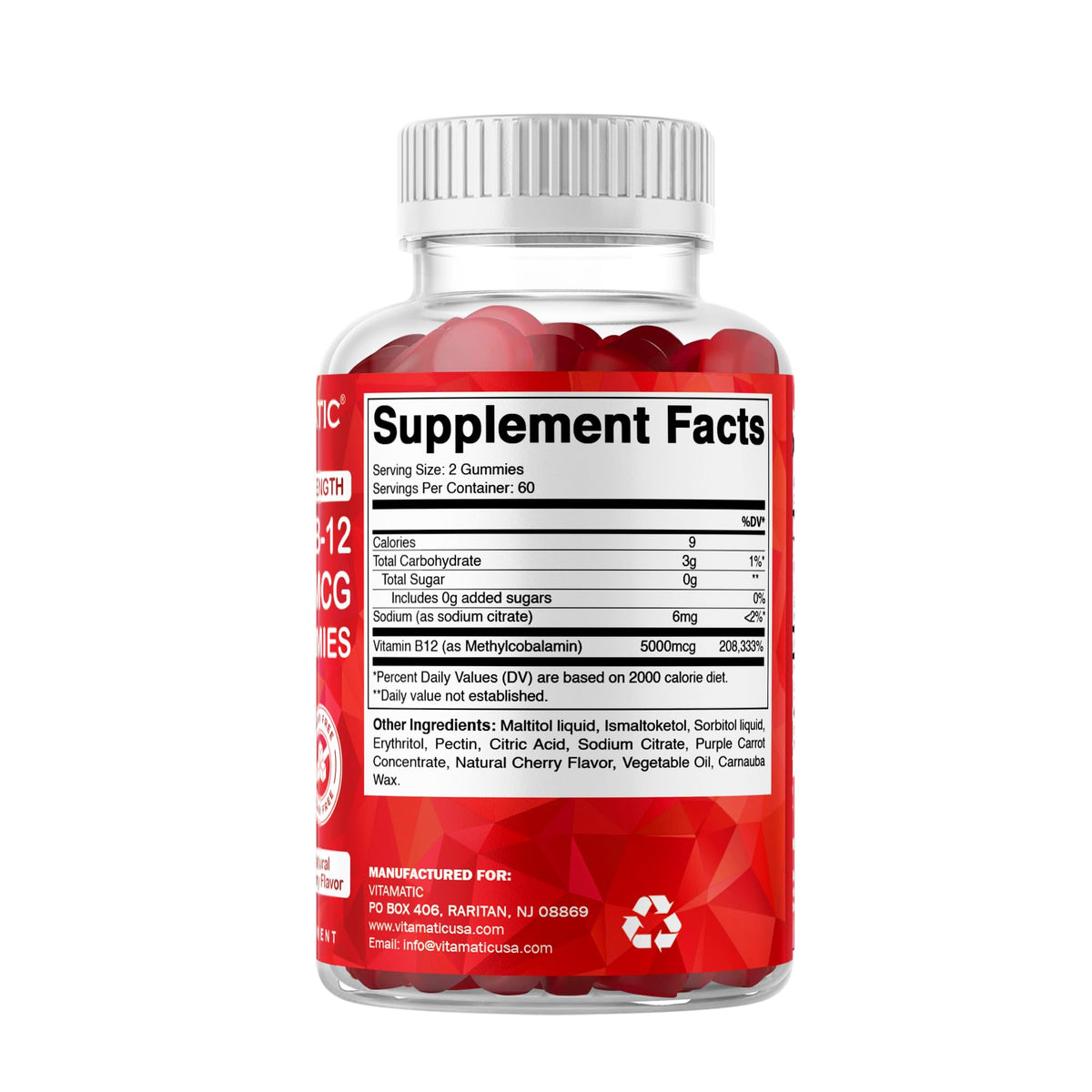 Vitamatic Extra Strength Vitamin B12 5000 mcg (Methyl B12) Gummies - 120 Count - Energy Metabolism Support and Nervous - FENGGESTORE20