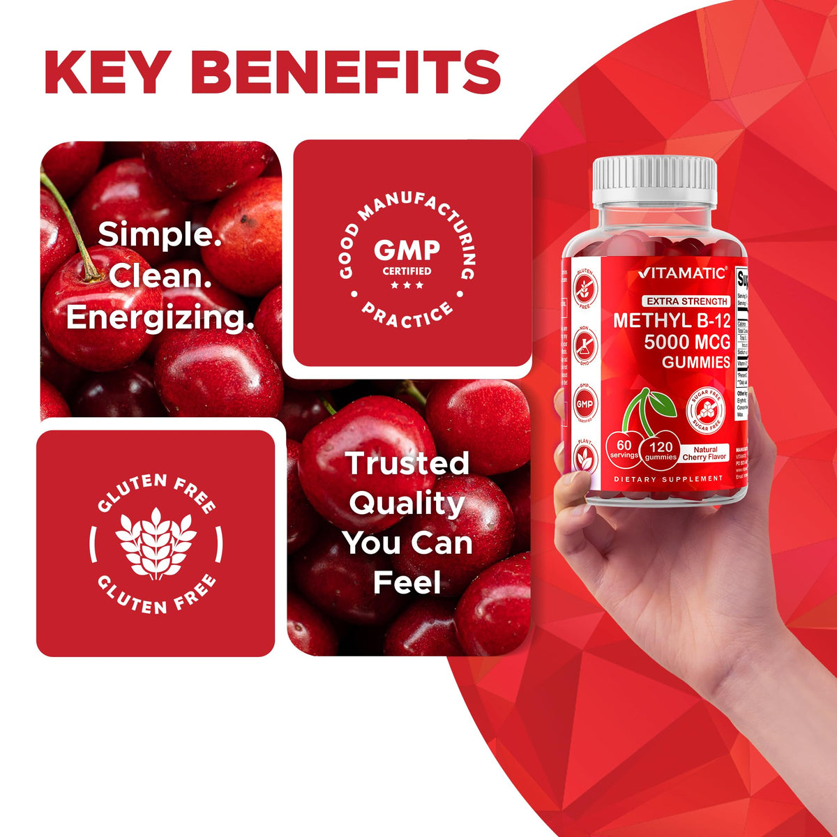 Vitamatic Extra Strength Vitamin B12 5000 mcg (Methyl B12) Gummies - 120 Count - Energy Metabolism Support and Nervous - FENGGESTORE20