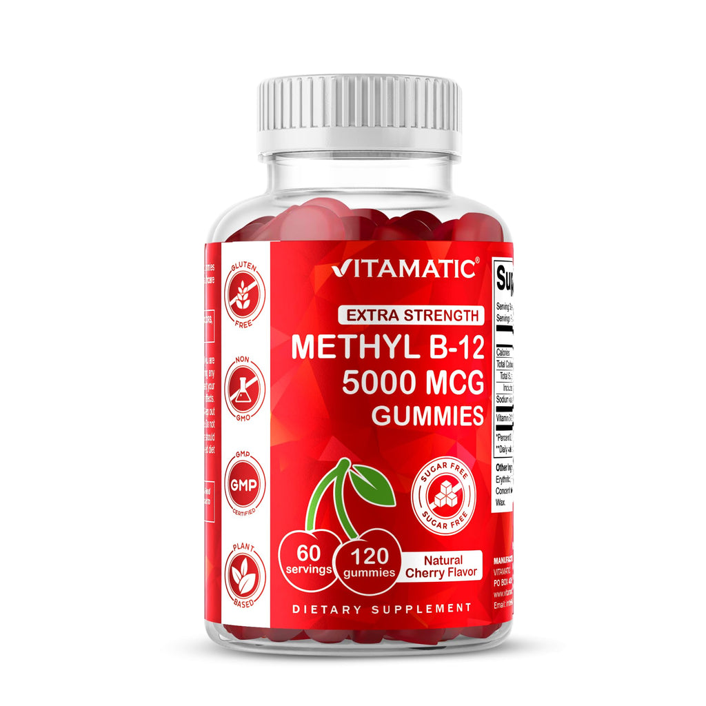 Vitamatic Extra Strength Vitamin B12 5000 mcg (Methyl B12) Gummies - 120 Count - Energy Metabolism Support and Nervous - FENGGESTORE20
