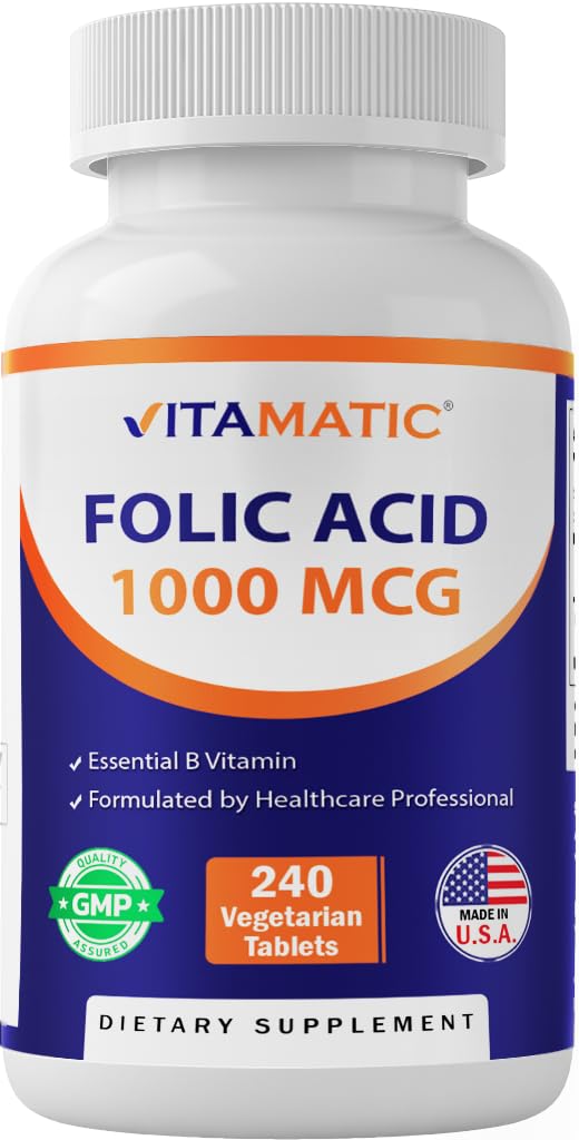 Vitamatic Folic Acid 1000 mcg (1 mg) - Vegetarian Tablets - 1667 mcg DFE - Vitamin B9 (240 Count (Pack of 1)) - FENGGESTORE20