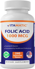 Vitamatic Folic Acid 1000 mcg (1 mg) - Vegetarian Tablets - 1667 mcg DFE - Vitamin B9 (240 Count (Pack of 1)) - FENGGESTORE20
