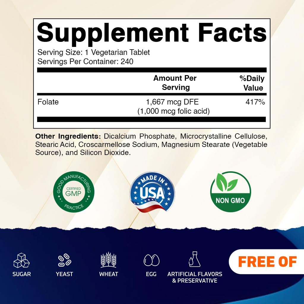 Vitamatic Folic Acid 1000 mcg (1 mg) - Vegetarian Tablets - 1667 mcg DFE - Vitamin B9 (240 Count (Pack of 1)) - FENGGESTORE20