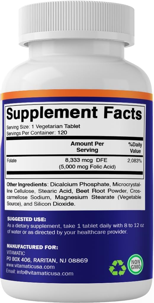 Vitamatic Folic Acid 5mg (5000 mcg) – 120 Vegetarian Tablets High Potency Vitamin B9 (Folate) for Cellular Health - FENGGESTORE20