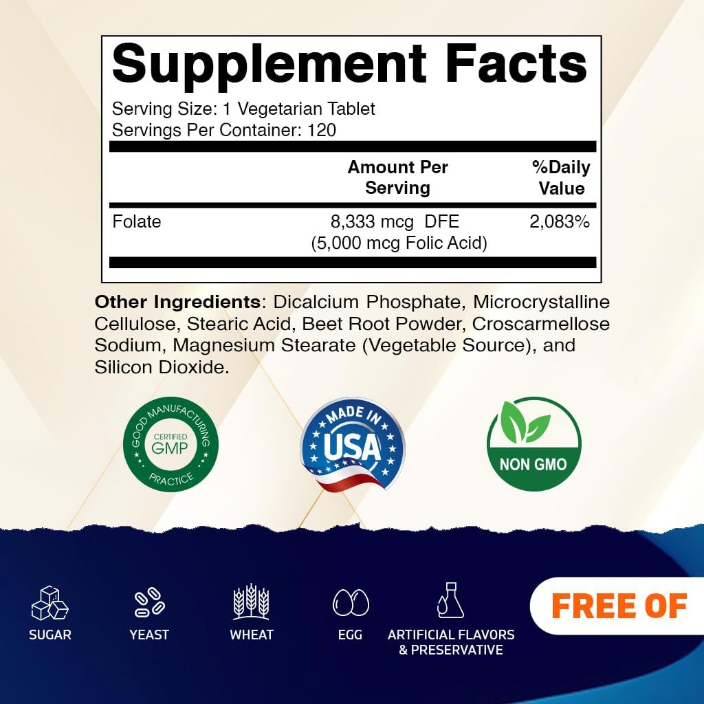 Vitamatic Folic Acid 5mg (5000 mcg) – 120 Vegetarian Tablets High Potency Vitamin B9 (Folate) for Cellular Health - FENGGESTORE20
