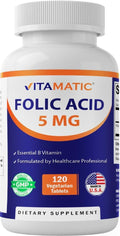 Vitamatic Folic Acid 5mg (5000 mcg) – 120 Vegetarian Tablets High Potency Vitamin B9 (Folate) for Cellular Health - FENGGESTORE20