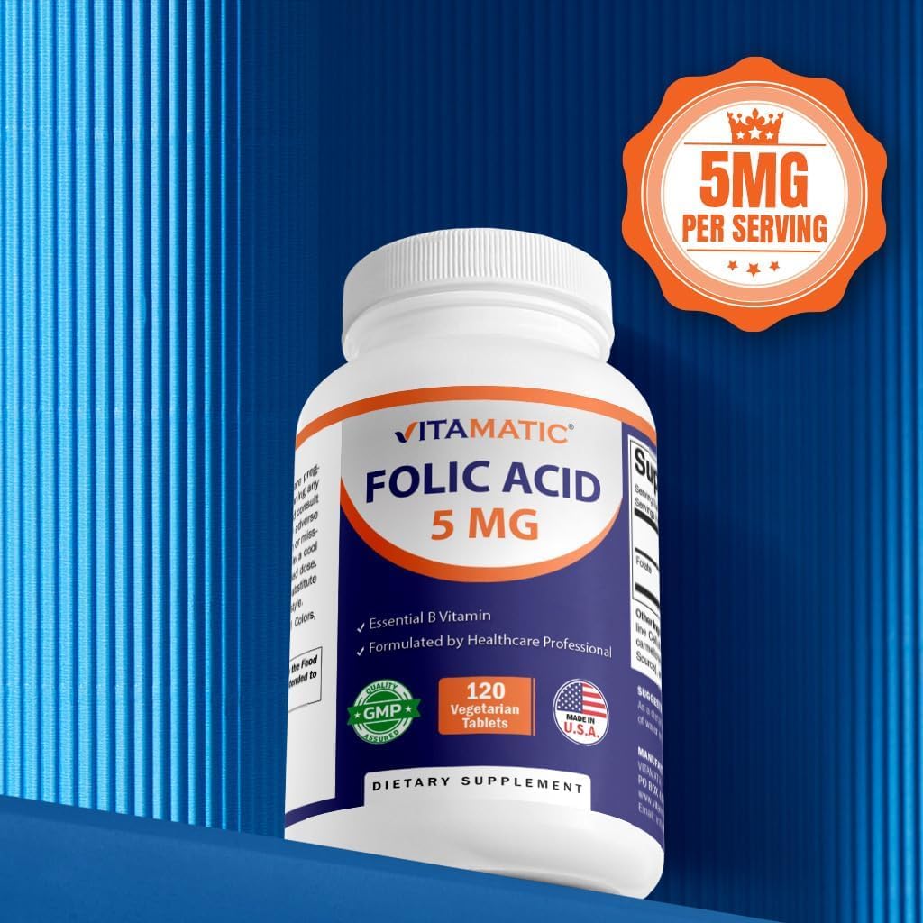 Vitamatic Folic Acid 5mg (5000 mcg) – 120 Vegetarian Tablets High Potency Vitamin B9 (Folate) for Cellular Health - FENGGESTORE20