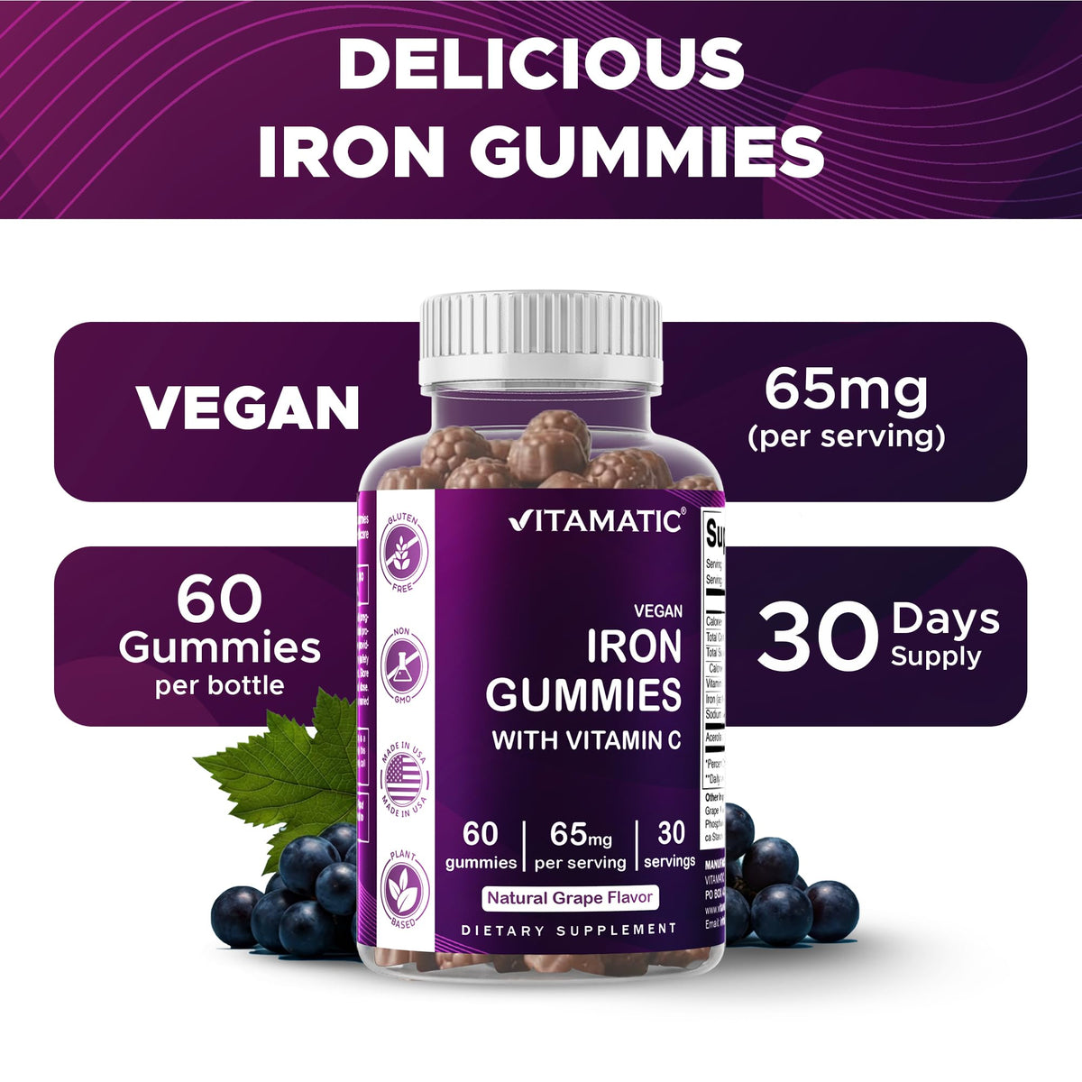 Vitamatic Iron 65 mg Gummies Supplement for Women & Men - 60 Vegan Gummies - Great Tasting Iron Gummy Vitamins with Vitamin C (1) - FENGGESTORE20