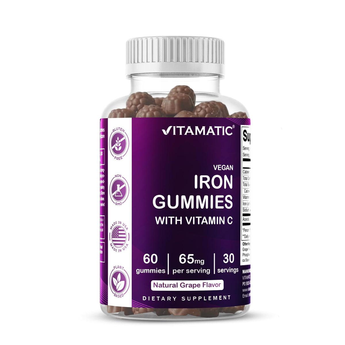 Vitamatic Iron 65 mg Gummies Supplement for Women & Men - 60 Vegan Gummies - Great Tasting Iron Gummy Vitamins with Vitamin C (1) - FENGGESTORE20