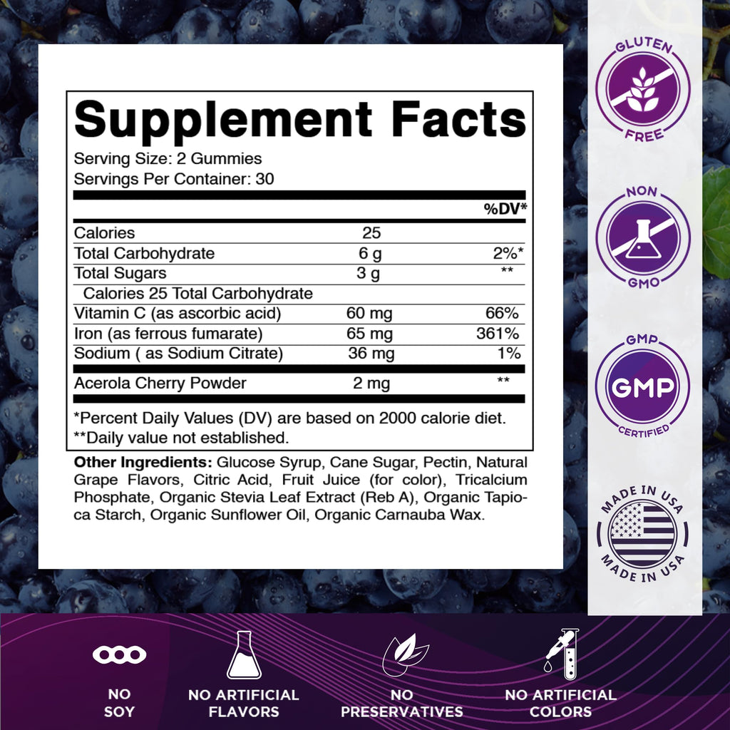 Vitamatic Iron 65 mg Gummies Supplement for Women & Men - 60 Vegan Gummies - Great Tasting Iron Gummy Vitamins with Vitamin C (1) - FENGGESTORE20