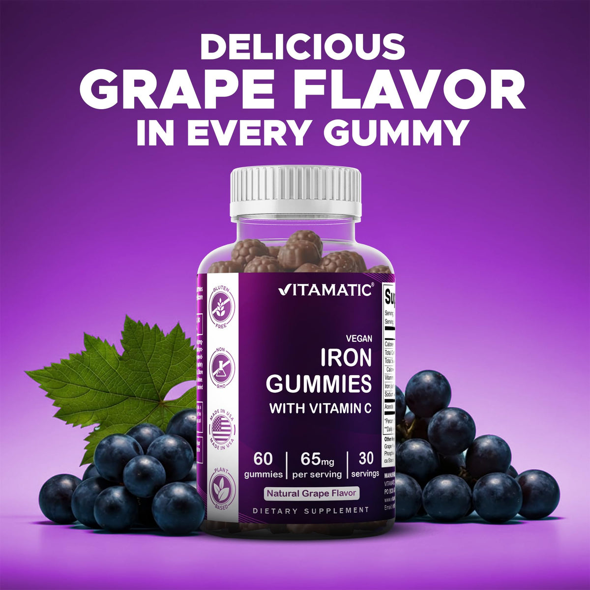 Vitamatic Iron 65 mg Gummies Supplement for Women & Men - 60 Vegan Gummies - Great Tasting Iron Gummy Vitamins with Vitamin C (1) - FENGGESTORE20