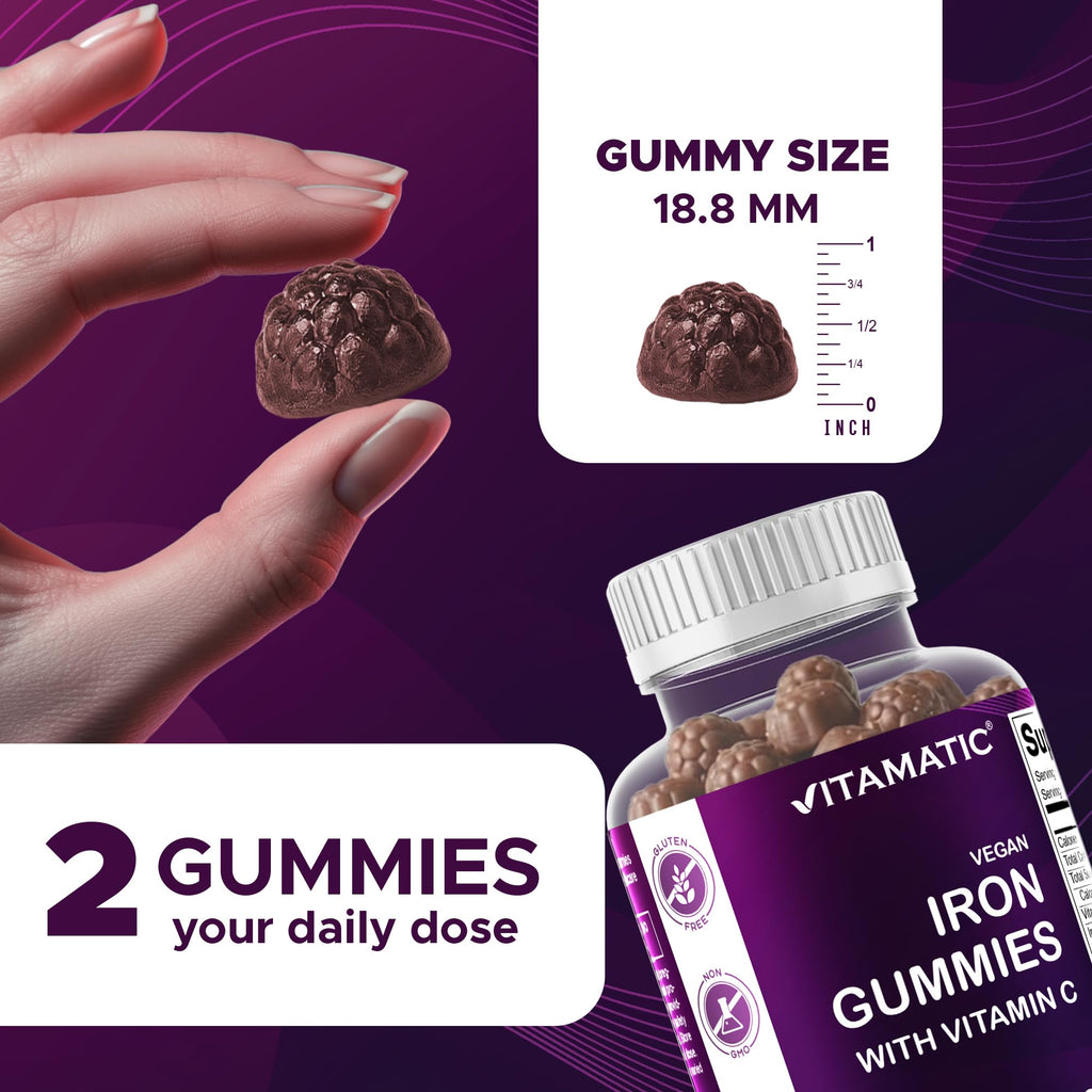 Vitamatic Iron 65 mg Gummies Supplement for Women & Men - 60 Vegan Gummies - Great Tasting Iron Gummy Vitamins with Vitamin C (1) - FENGGESTORE20