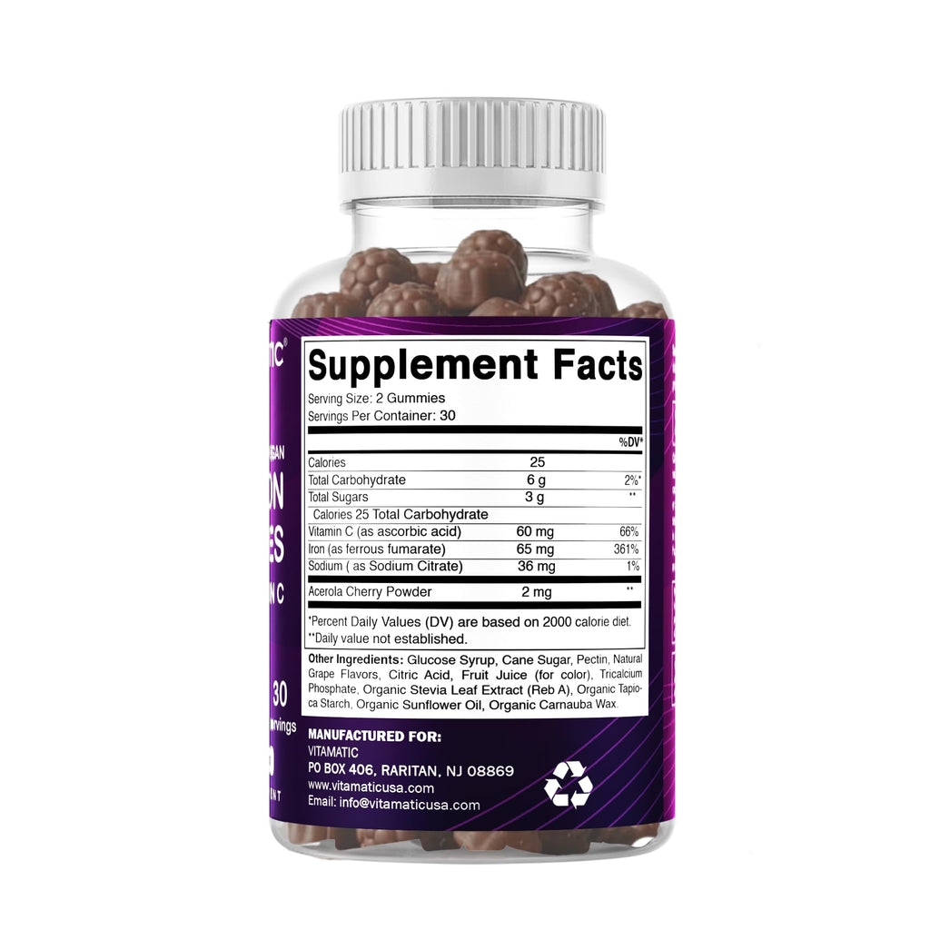 Vitamatic Iron 65 mg Gummies Supplement for Women & Men - 60 Vegan Gummies - Great Tasting Iron Gummy Vitamins with Vitamin C (1) - FENGGESTORE20