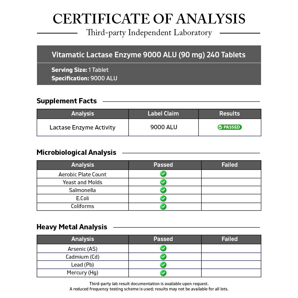 Vitamatic Lactase Enzyme 9000 FCC 240 Tablets - Lactose Intolerance Relief Caplets - FENGGESTORE20
