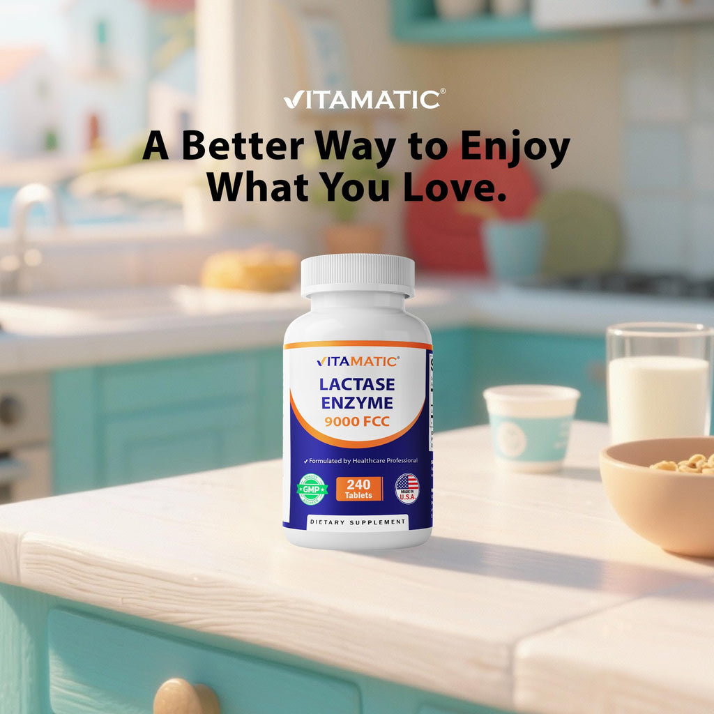 Vitamatic Lactase Enzyme 9000 FCC 240 Tablets - Lactose Intolerance Relief Caplets - FENGGESTORE20