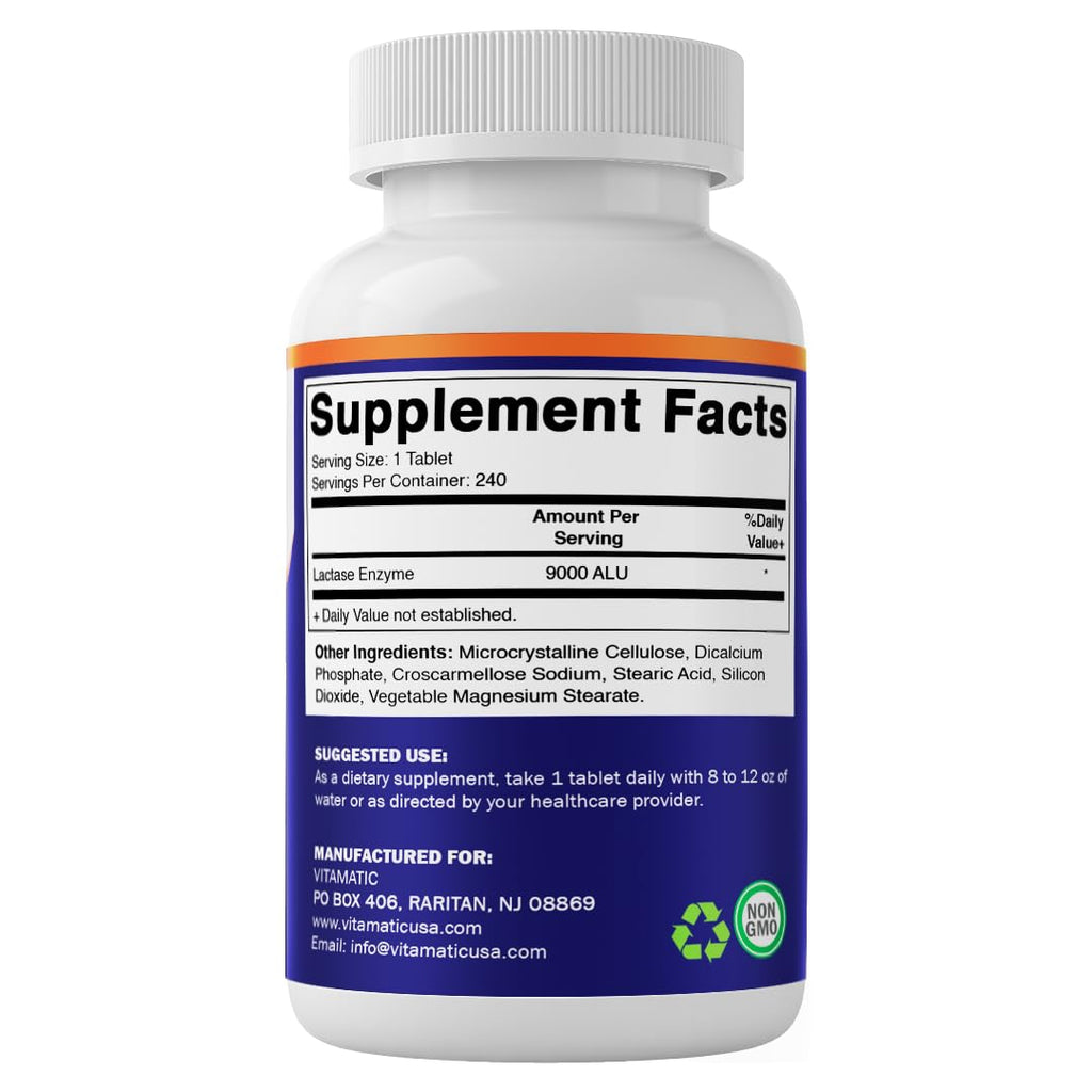 Vitamatic Lactase Enzyme 9000 FCC 240 Tablets - Lactose Intolerance Relief Caplets - FENGGESTORE20