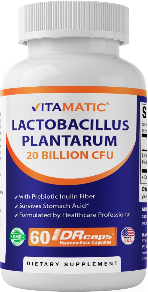 Vitamatic Lactobacillus Plantarum - 20 Billion per DR Capsule - 60 Count - Digestive Support - Made with Prebiotic Inulin Fiber - FENGGESTORE20