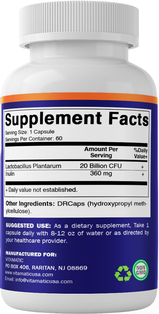 Vitamatic Lactobacillus Plantarum - 20 Billion per DR Capsule - 60 Count - Digestive Support - Made with Prebiotic Inulin Fiber - FENGGESTORE20