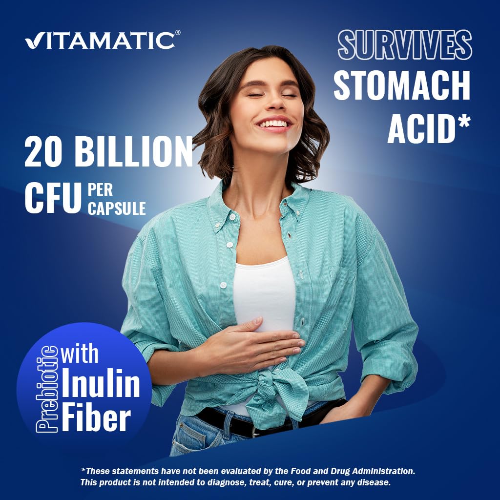 Vitamatic Lactobacillus Plantarum - 20 Billion per DR Capsule - 60 Count - Digestive Support - Made with Prebiotic Inulin Fiber - FENGGESTORE20