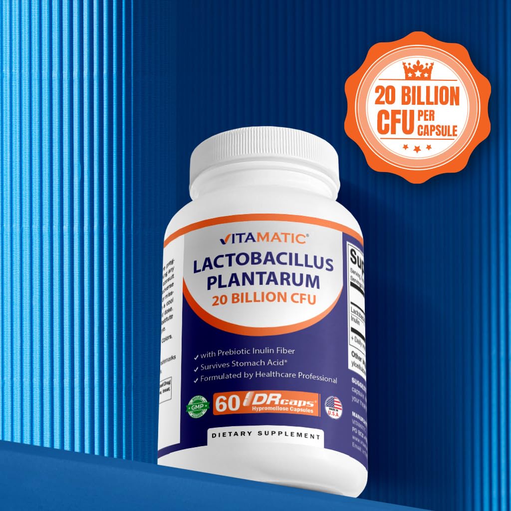 Vitamatic Lactobacillus Plantarum - 20 Billion per DR Capsule - 60 Count - Digestive Support - Made with Prebiotic Inulin Fiber - FENGGESTORE20