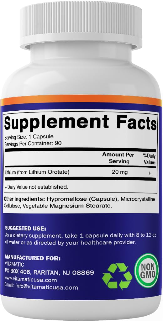 Vitamatic Lithium Orotate 20mg, 90 Capsules - Veggie Caps, Non-GMO, Gluten Free - FENGGESTORE20