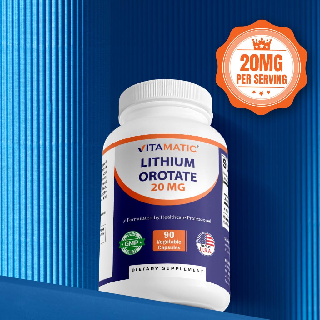 Vitamatic Lithium Orotate 20mg, 90 Capsules - Veggie Caps, Non-GMO, Gluten Free - FENGGESTORE20