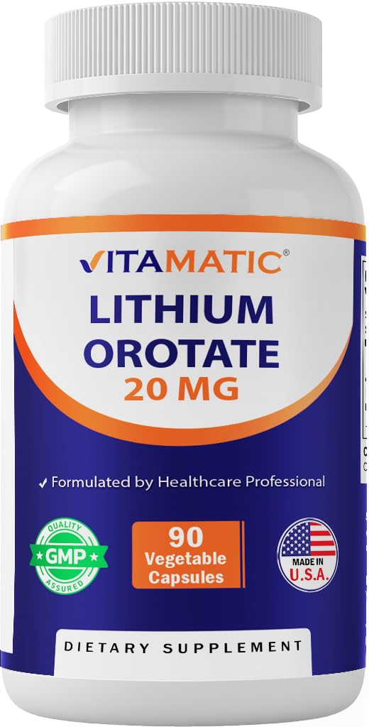 Vitamatic Lithium Orotate 20mg, 90 Capsules - Veggie Caps, Non-GMO, Gluten Free - FENGGESTORE20