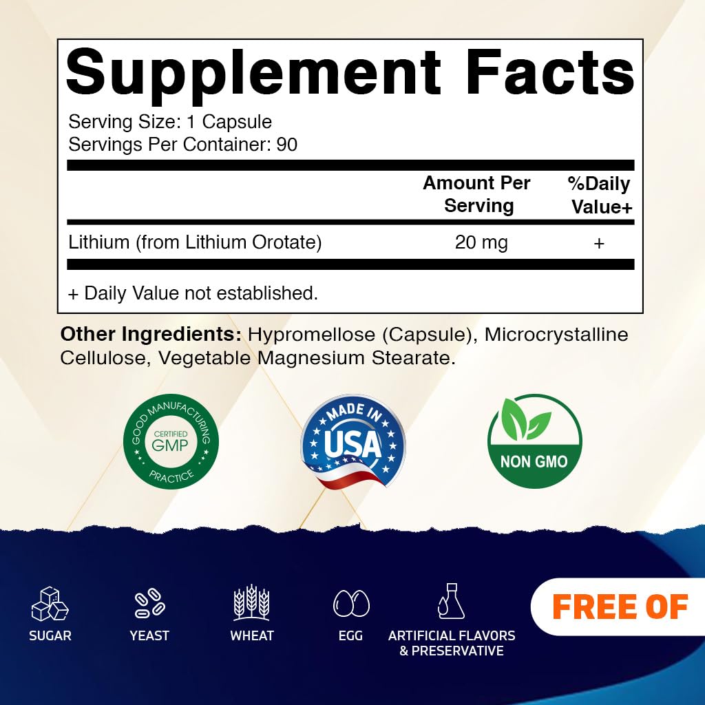 Vitamatic Lithium Orotate 20mg, 90 Capsules - Veggie Caps, Non-GMO, Gluten Free - FENGGESTORE20