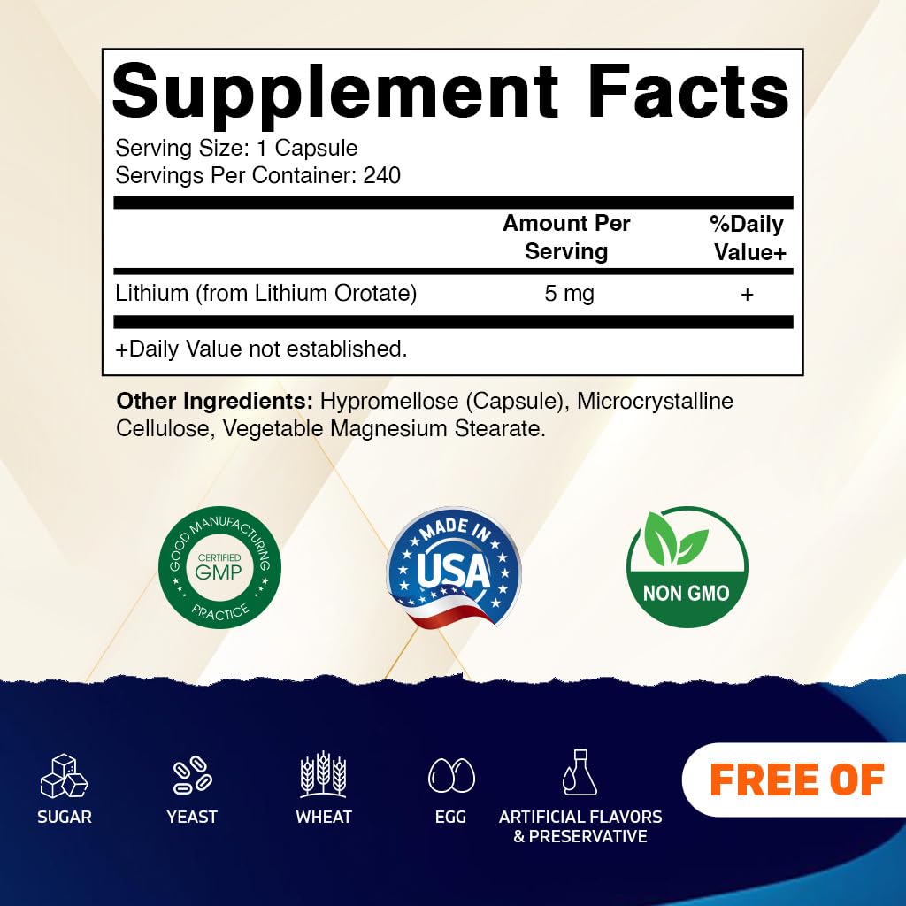 Vitamatic Lithium Orotate 5mg, 240 Veggie Capsules, Non-GMO, Gluten Free. - FENGGESTORE20
