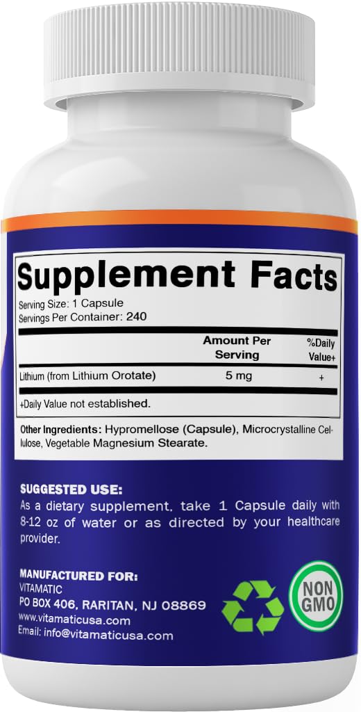 Vitamatic Lithium Orotate 5mg, 240 Veggie Capsules, Non-GMO, Gluten Free. - FENGGESTORE20