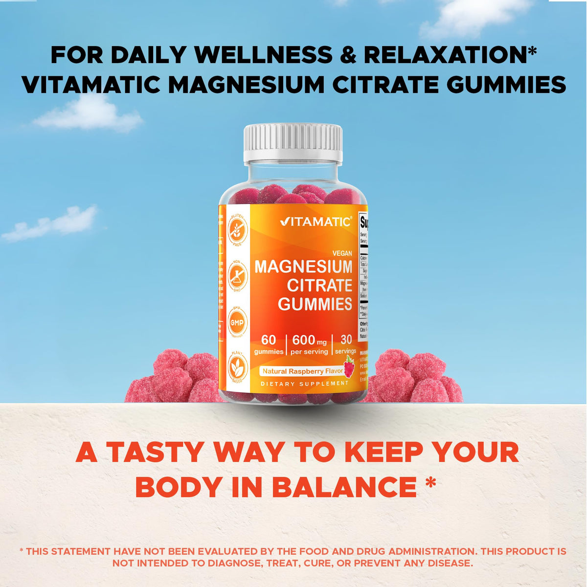 Vitamatic Magnesium Gummies 600mg per Serving – 60 Vegan Count for Relaxation, Muscle, Bone, and Energy Support - FENGGESTORE20