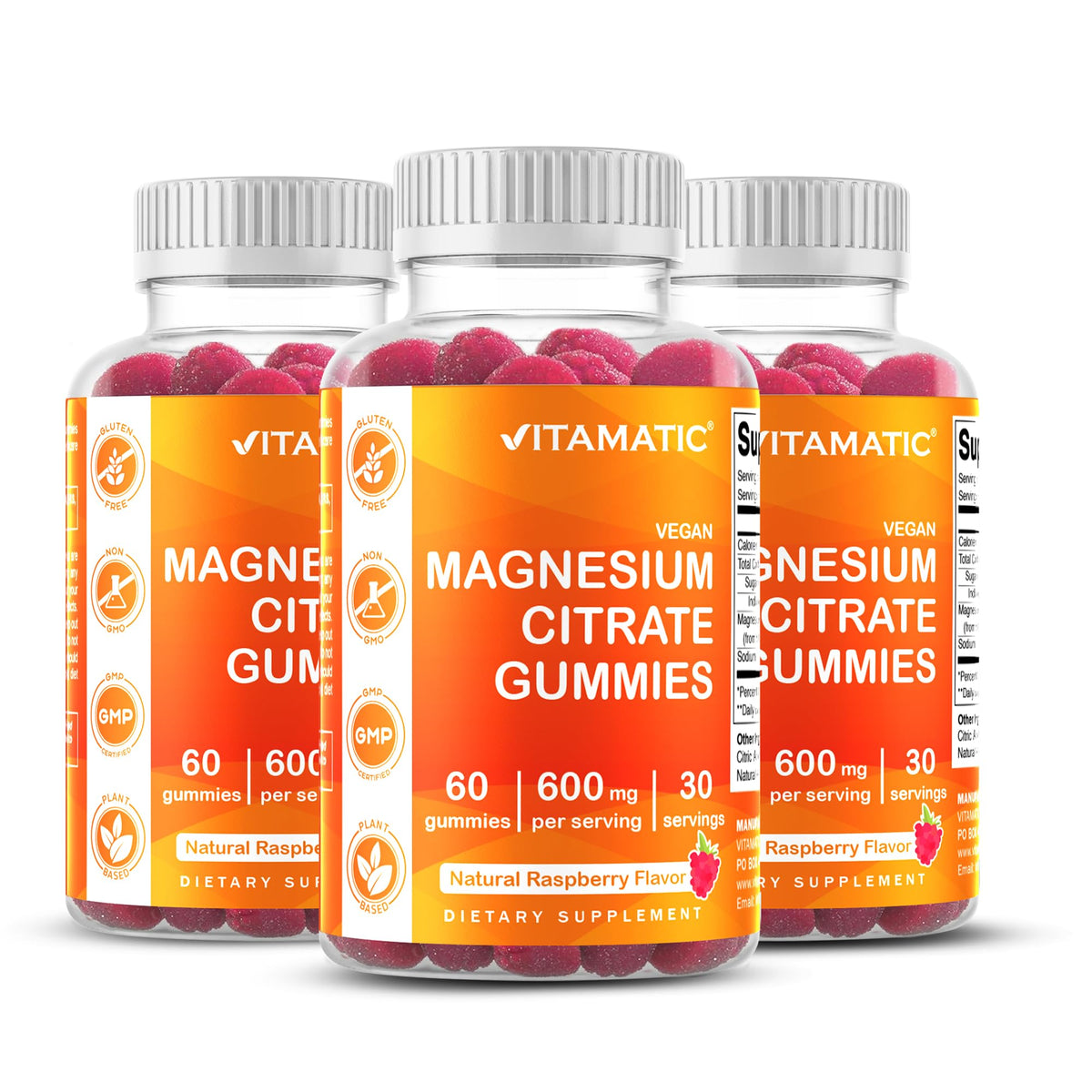 Vitamatic Magnesium Gummies 600mg per Serving – 60 Vegan Gummies – Relaxation, Muscle, Bone & Energy Support – 3 Pack - FENGGESTORE20