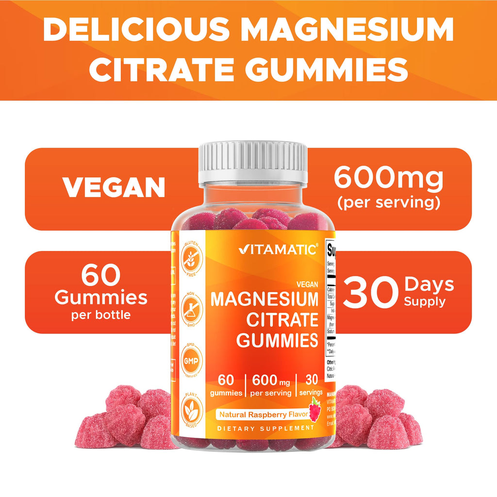 Vitamatic Magnesium Gummies 600mg per Serving – 60 Vegan Gummies – Relaxation, Muscle, Bone & Energy Support – 3 Pack - FENGGESTORE20