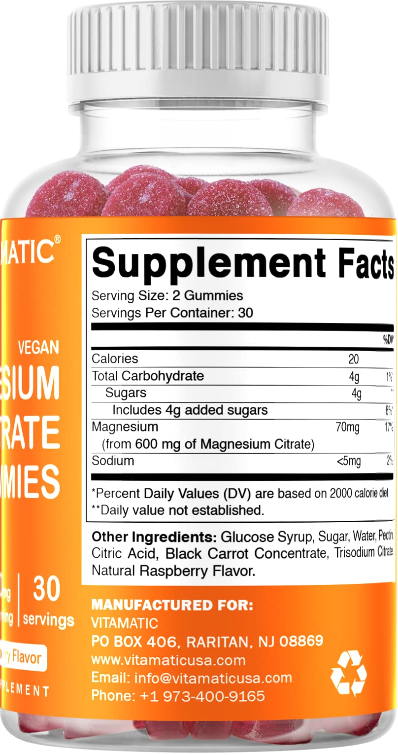 Vitamatic Magnesium Gummies 600mg per Serving – 60 Vegan Gummies – Relaxation, Muscle, Bone & Energy Support – 3 Pack - FENGGESTORE20