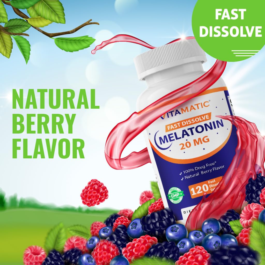Vitamatic Melatonin 20mg for Sleep Support | Vegetarian, Non-GMO, Gluten Free | HIGH Potency 20 MG | Natural Berry Flavor 120 - FENGGESTORE20