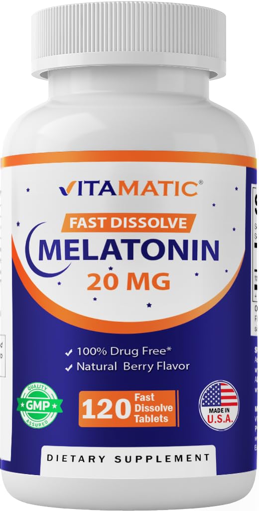 Vitamatic Melatonin 20mg for Sleep Support | Vegetarian, Non-GMO, Gluten Free | HIGH Potency 20 MG | Natural Berry Flavor 120 - FENGGESTORE20