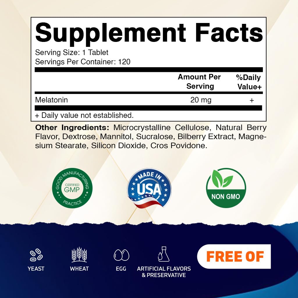 Vitamatic Melatonin 20mg for Sleep Support | Vegetarian, Non-GMO, Gluten Free | HIGH Potency 20 MG | Natural Berry Flavor 120 - FENGGESTORE20