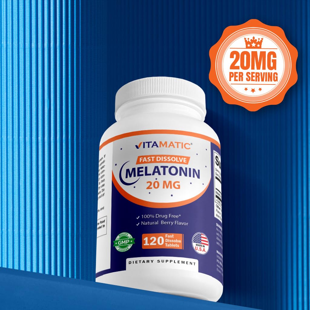 Vitamatic Melatonin 20mg for Sleep Support | Vegetarian, Non-GMO, Gluten Free | HIGH Potency 20 MG | Natural Berry Flavor 120 - FENGGESTORE20