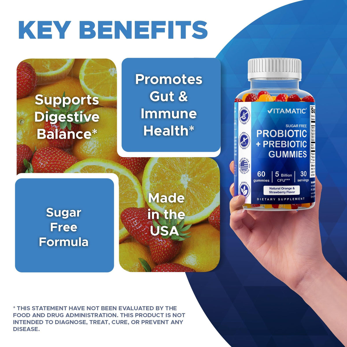 Vitamatic Probiotic Sugar Free Gummies for Men and Women – 5 Billion CFUs Digestive, Immune & Gut Health Support – Gluten Free - FENGGESTORE20
