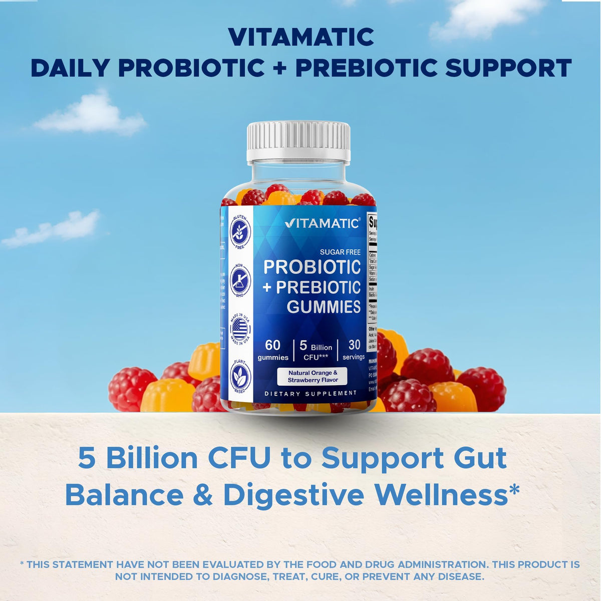 Vitamatic Probiotic Sugar Free Gummies for Men and Women – 5 Billion CFUs Digestive, Immune & Gut Health Support – Gluten Free - FENGGESTORE20