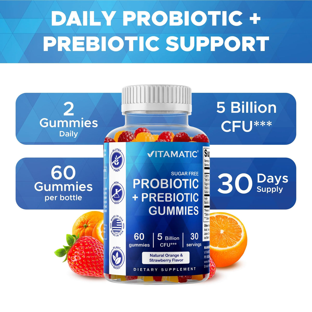Vitamatic Probiotic Sugar Free Gummies for Men and Women – 5 Billion CFUs Digestive, Immune & Gut Health Support – Gluten Free - FENGGESTORE20